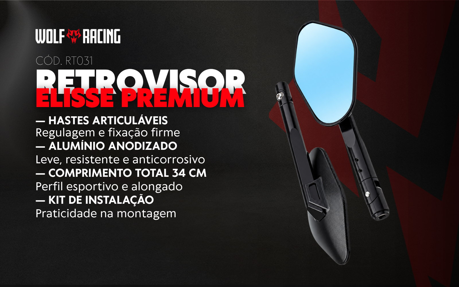 Detalhes Retrovisor Elisse Premium Wolf Racing